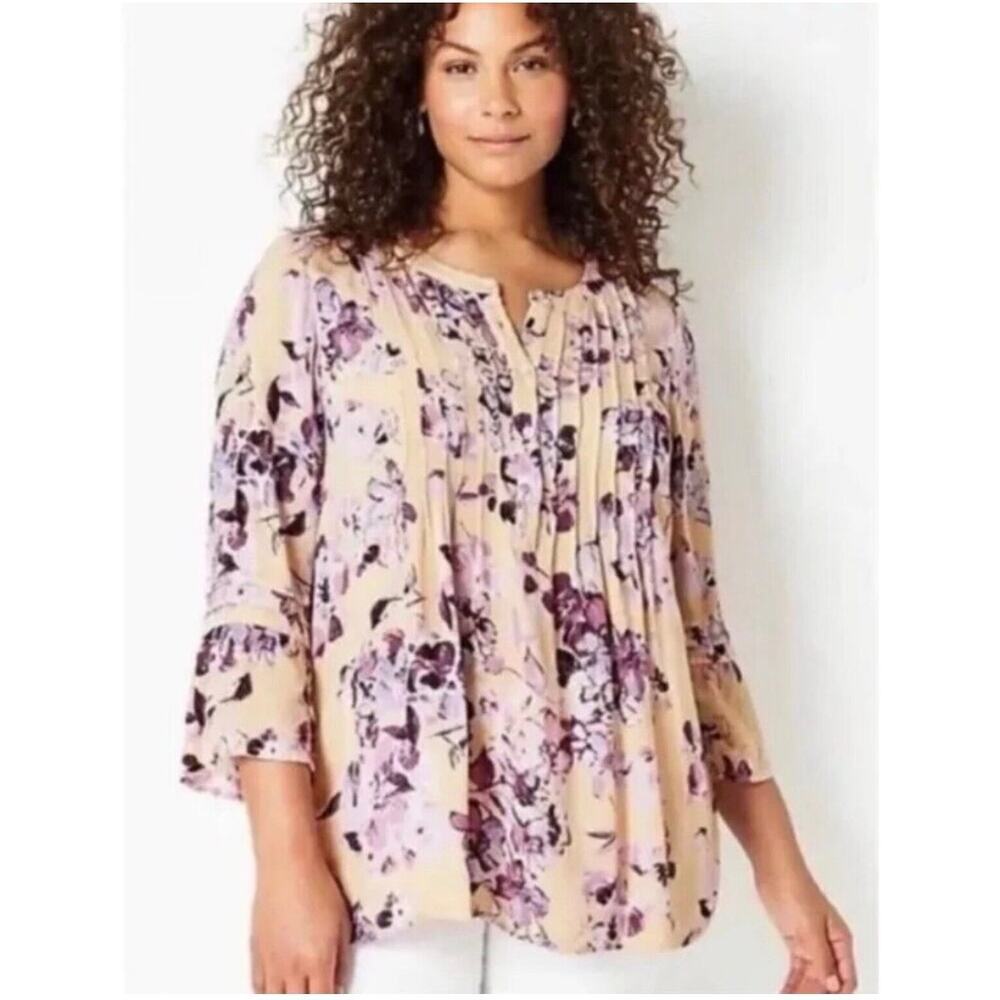 J Jill Women M Bell Sleeve Front Button Cream Purple Floral Top Business Casual